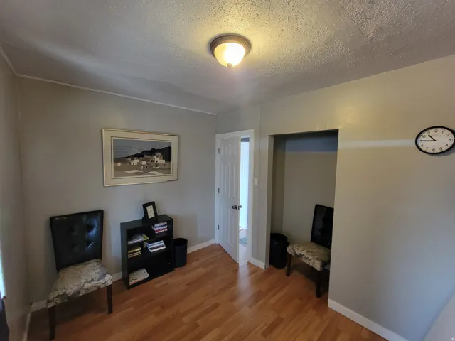 Wood-finish flooring, recessed alcove, flush mount ceiling light, white interior door, and light gray wall paint