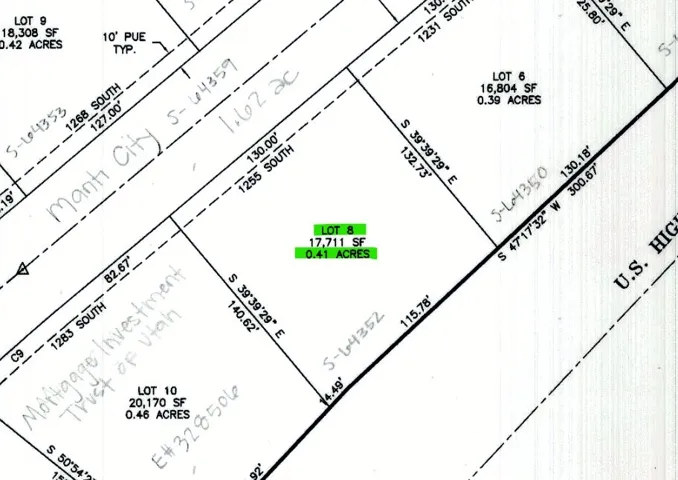 Survey Plat. Presenting the layout and dimensions of multiple lots, including Lot 8 with its specified area