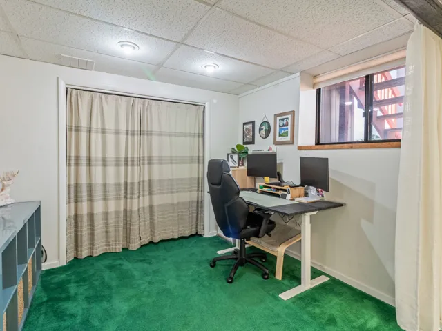 Recessed lighting illuminates a space featuring green carpeting and a drop ceiling