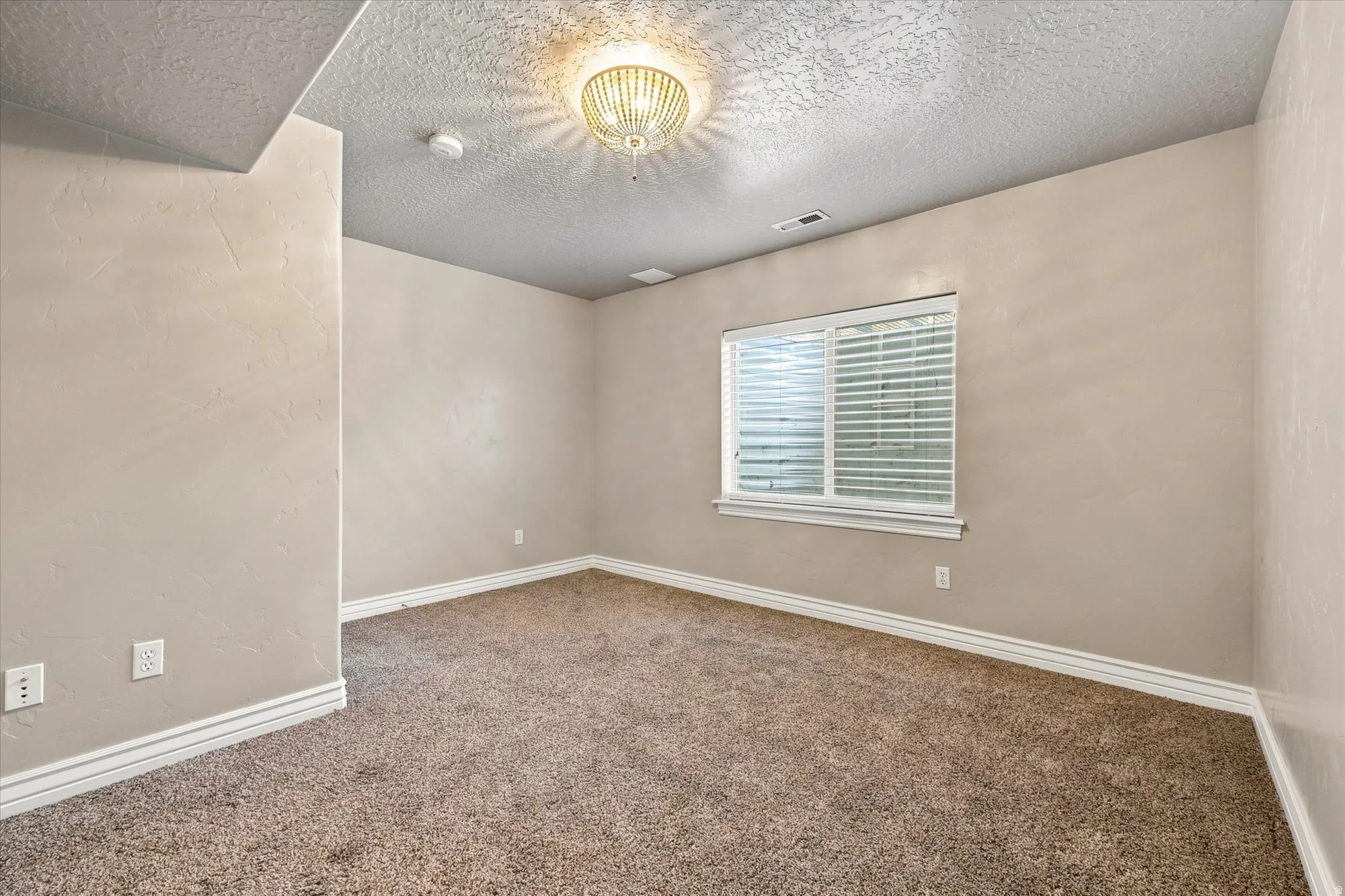 Neutral-toned walls, carpeted flooring, and a single window with blinds
