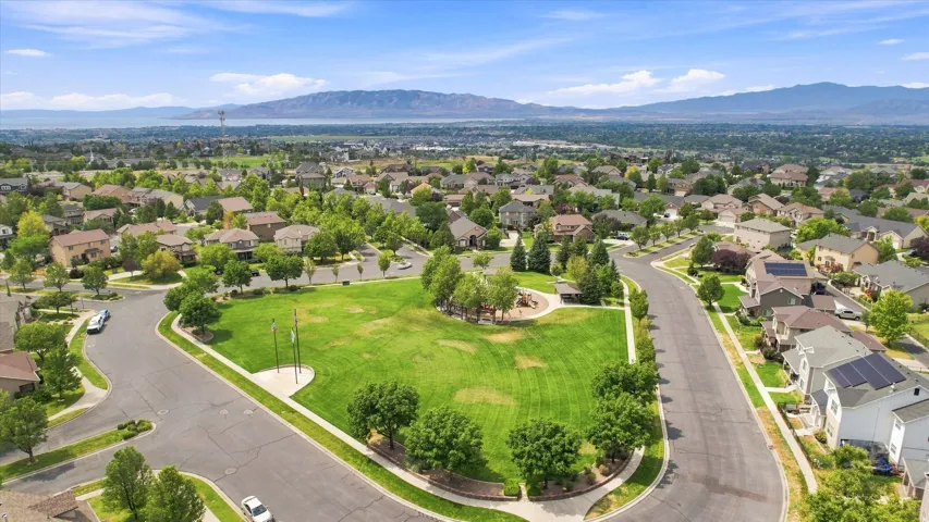 Community green space with mature trees, surrounded by residential properties and paved streets