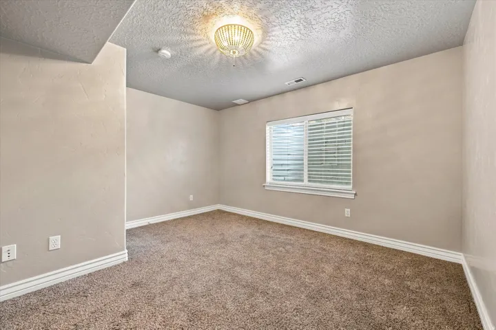 Neutral-toned walls, carpeted flooring, and a single window with blinds