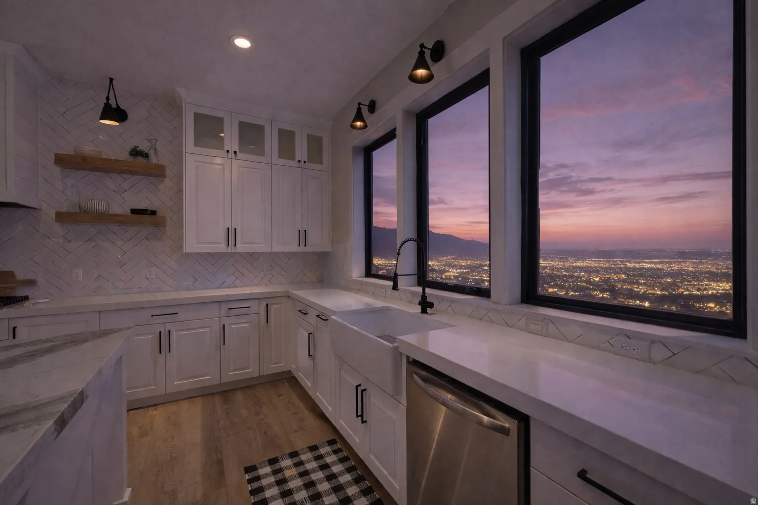 White shaker cabinetry, light-toned countertops, a full height herringbone tile backsplash, and wood-finish flooring