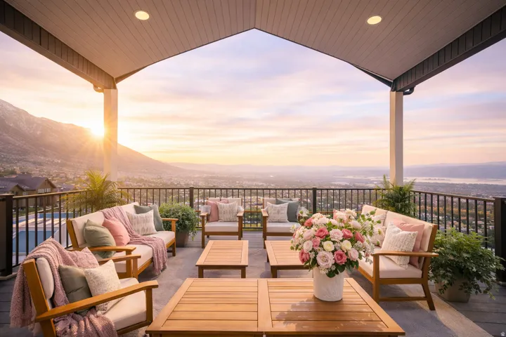 Expansive outdoor patio with a covered ceiling, recessed lighting, and black metal railings
