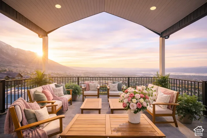 Expansive outdoor patio with a covered ceiling, recessed lighting, and black metal railings