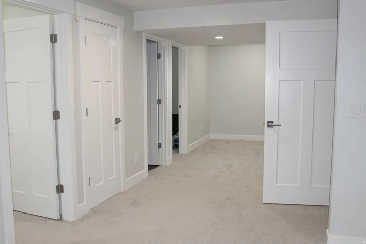 Neutral tone wall paint, contemporary interior doors with panel detailing, low-pile carpeting, recessed ceiling lighting, and white trim work