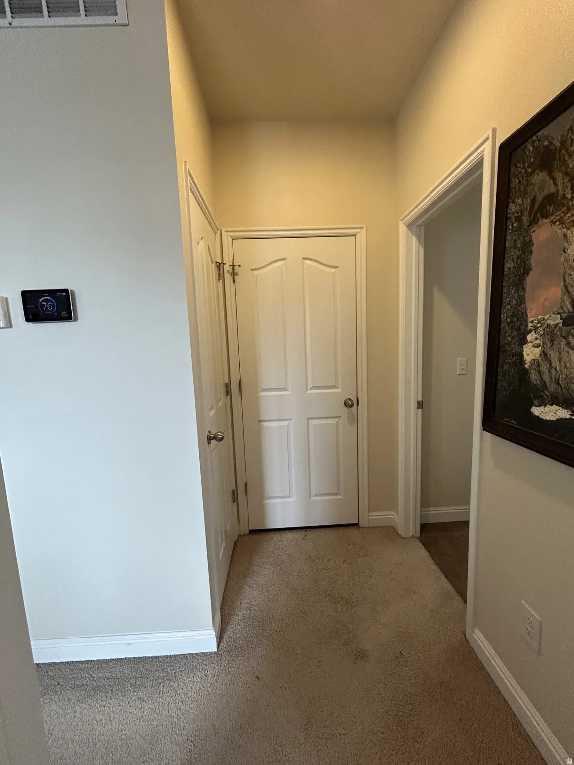 Neutral-toned walls complement the light-toned carpet flooring & hallway door to laundry room.