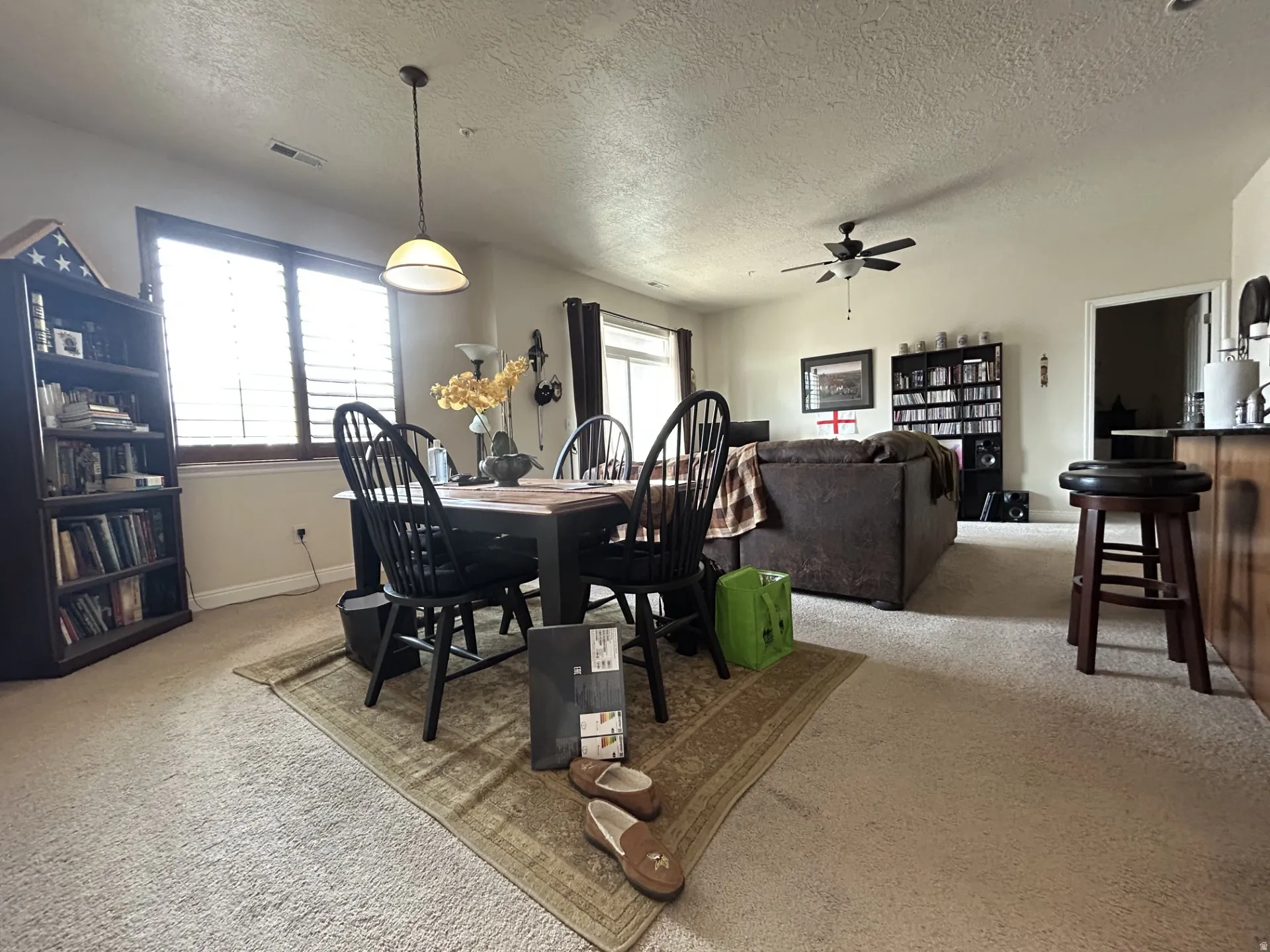 Open-concept living area with carpet flooring