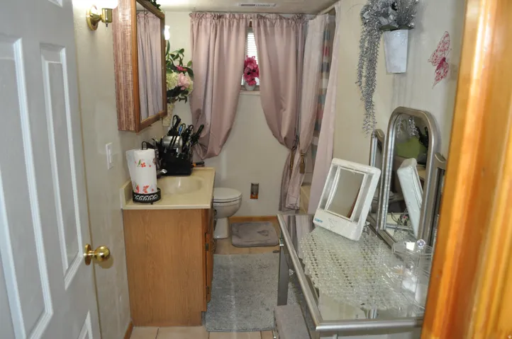 Vanity with a light wood finish, integrated sink, and wall-mounted mirror