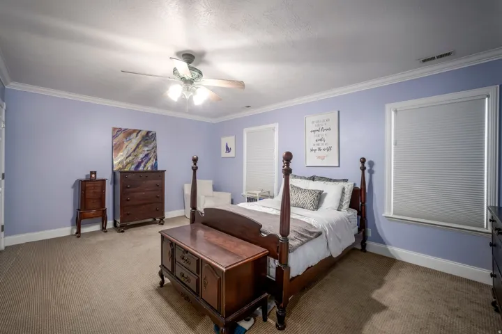 Wall-to-wall carpeting, crown molding, ceiling fan with integrated lighting, and a window with blinds