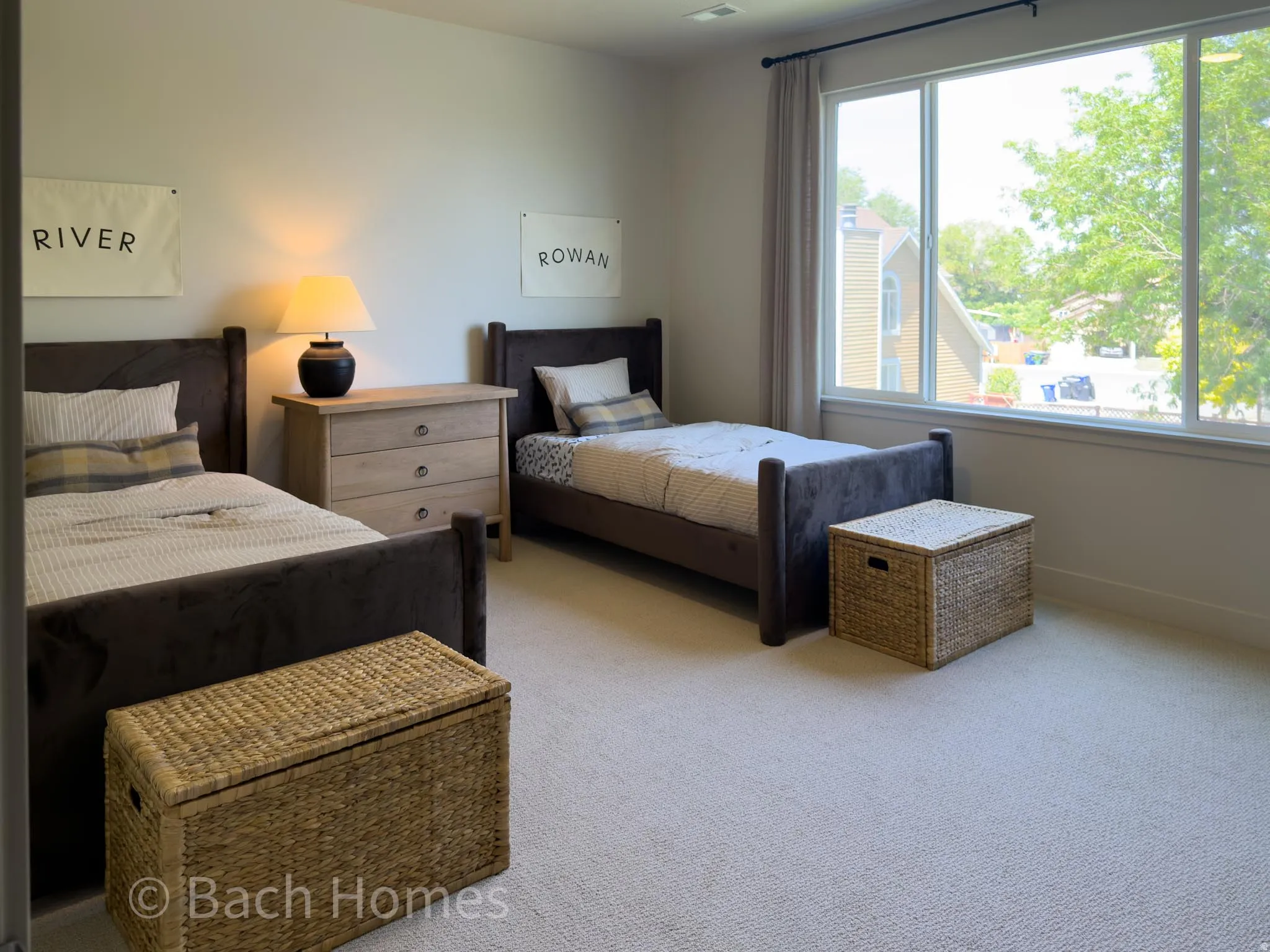 Bright room with light-toned wall paint and neutral carpeting