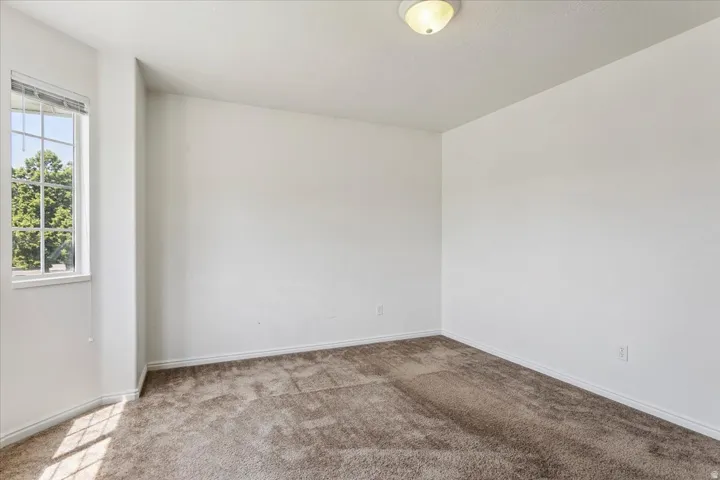 Bright, light-filled bedroom with carpet flooring, expansive wall space, and natural light from an exterior door with transom window
