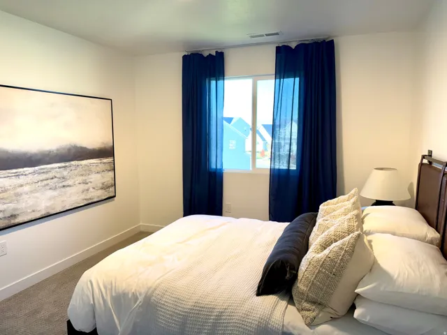 Bedroom featuring neutral wall colors, light-toned carpet, and a window with dark curtains