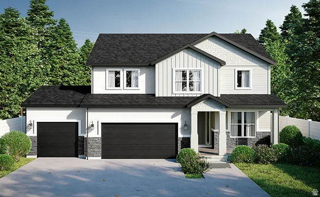 Contemporary two-story residence featuring a dark shingle roof and a two-car garage with dark paneled doors