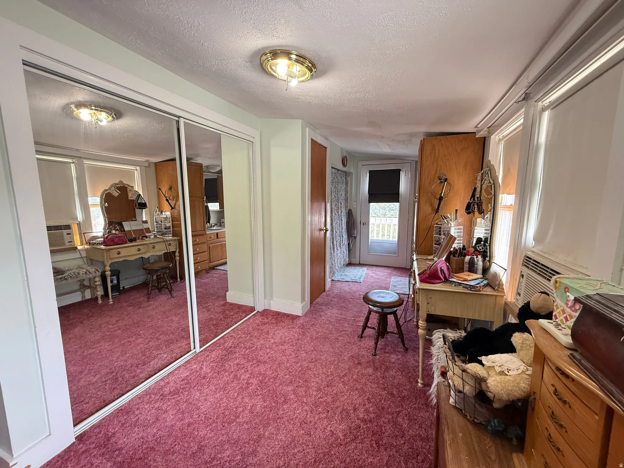 Spacious primary suite featuring mirrored sliding closet doors, recessed ceiling lighting, and plush carpeting throughout