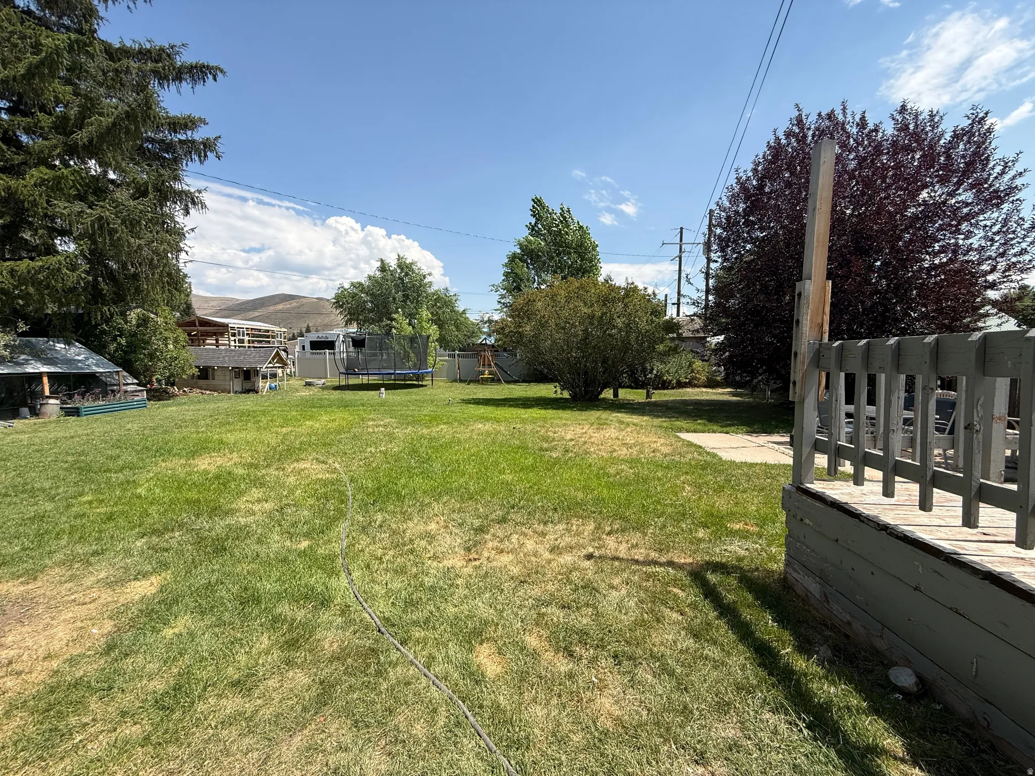 Expansive grassy yard area with mature trees and a wood deck