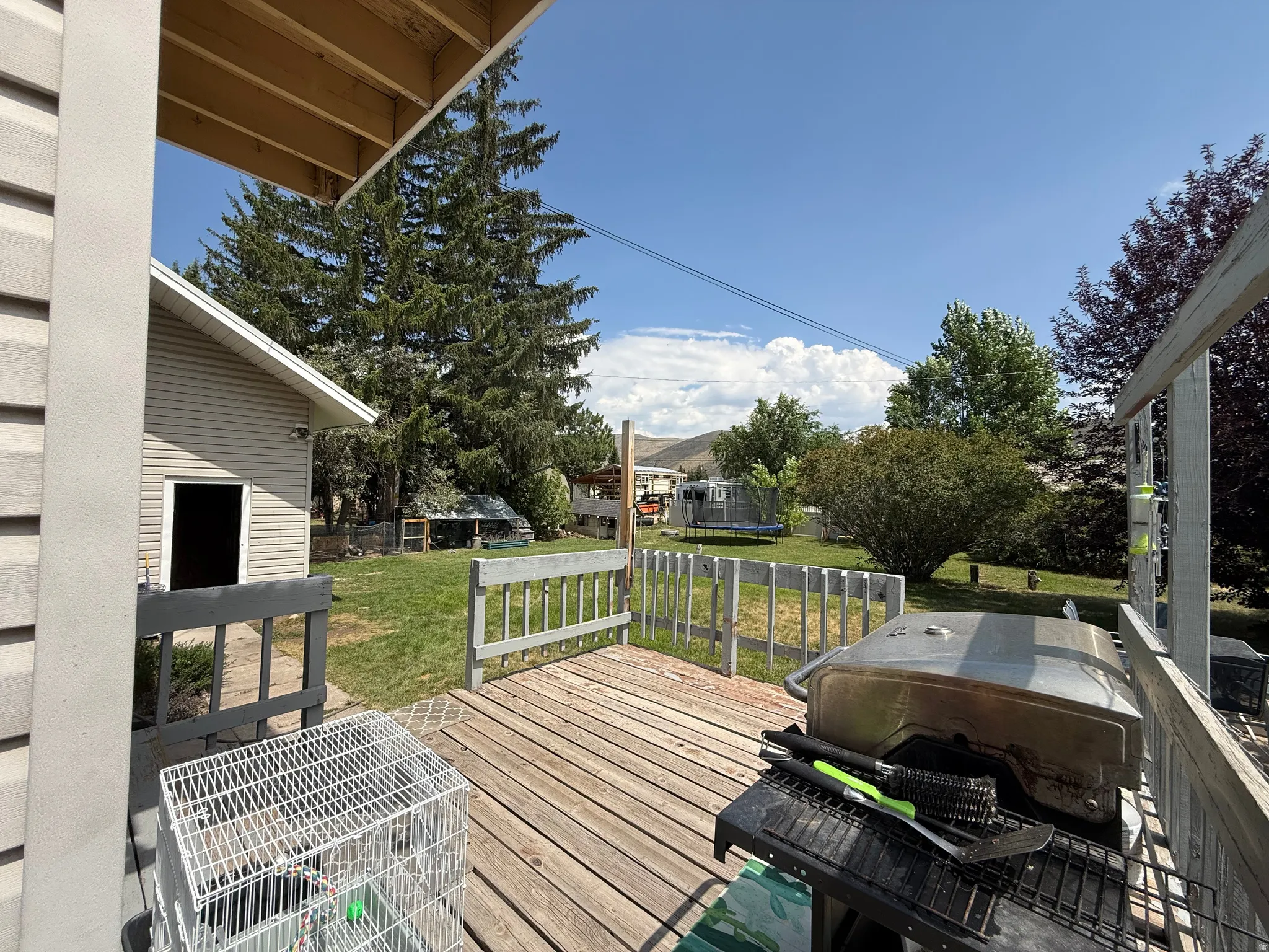 Outdoor wood-finish deck with painted wood railing