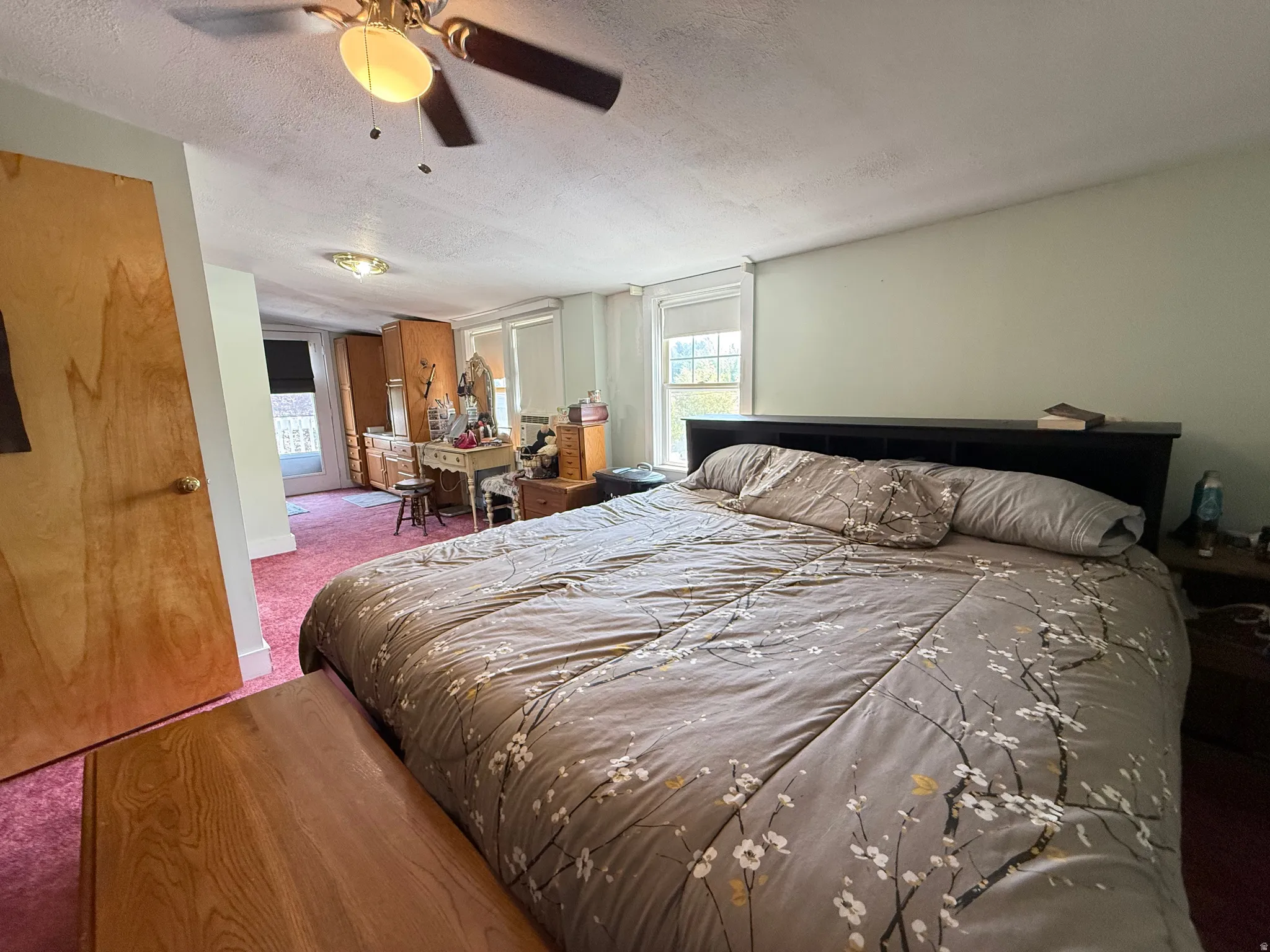 Primary Bedroom Suite with Wood-Finish Flooring, Ceiling Fan, and Black Bed Frame