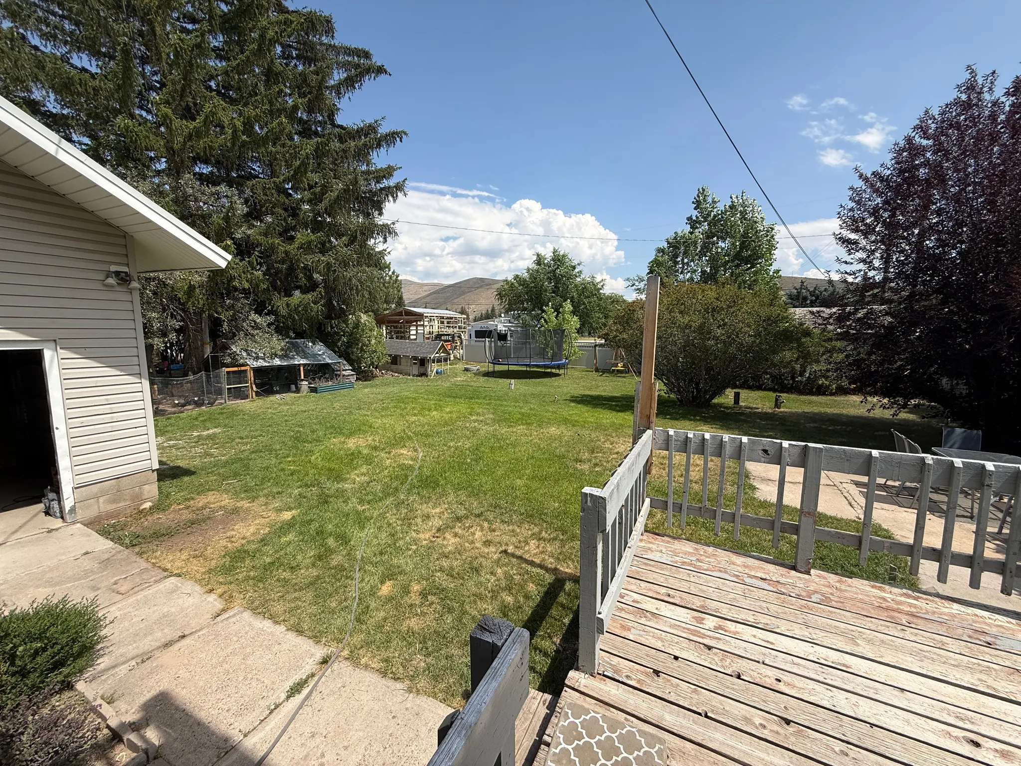 Expansive backyard featuring a manicured lawn, established trees, and a wooden deck