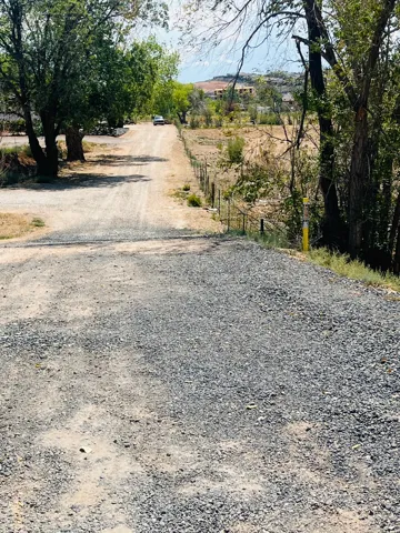 Gravel drive leading to a distant structure, bordered by mature trees and a wire fence