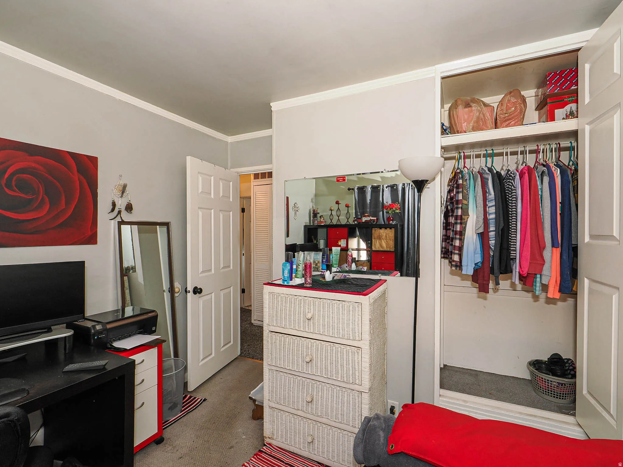 Wall-to-wall carpeting with crown molding, a built-in closet with shelving and hanging rod, and a multi-panel interior door