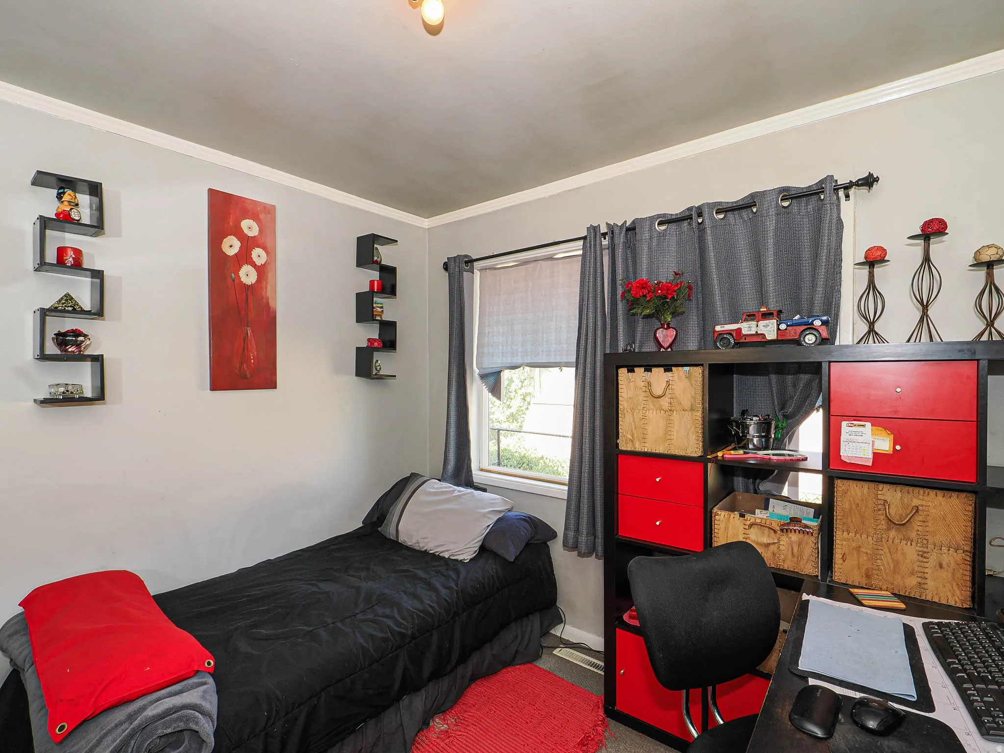 Crown molding accentuates the ceiling