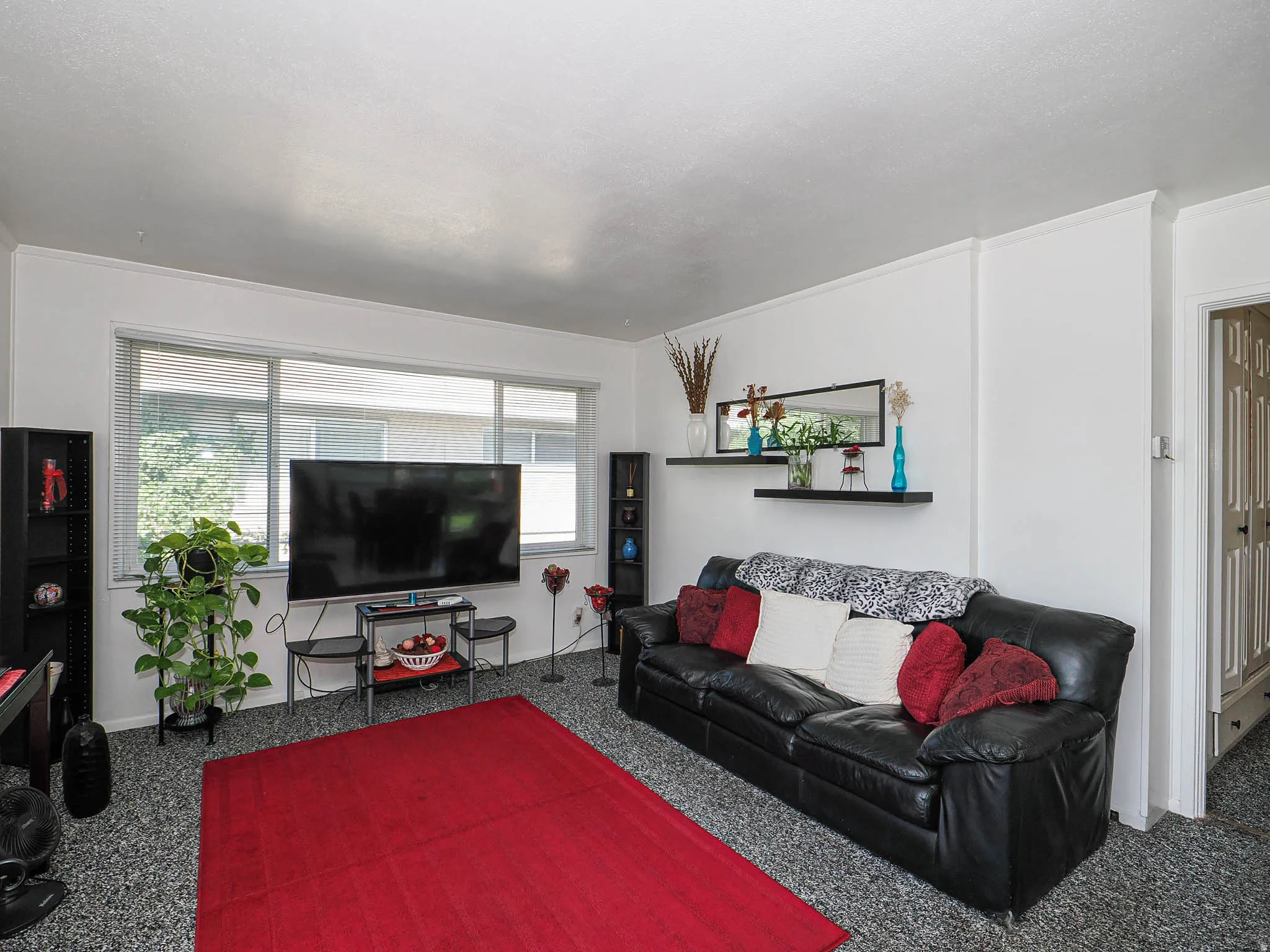 Bright living room featuring large multi-pane windows with natural light, wall-mounted flat-screen television, built-in shelving with decorative display space, and carpeted flooring throughout