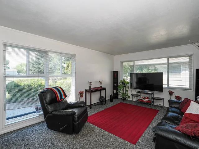 Bright living room showcasing expansive windows with natural light, carpet flooring, and built-in entertainment cabinetry