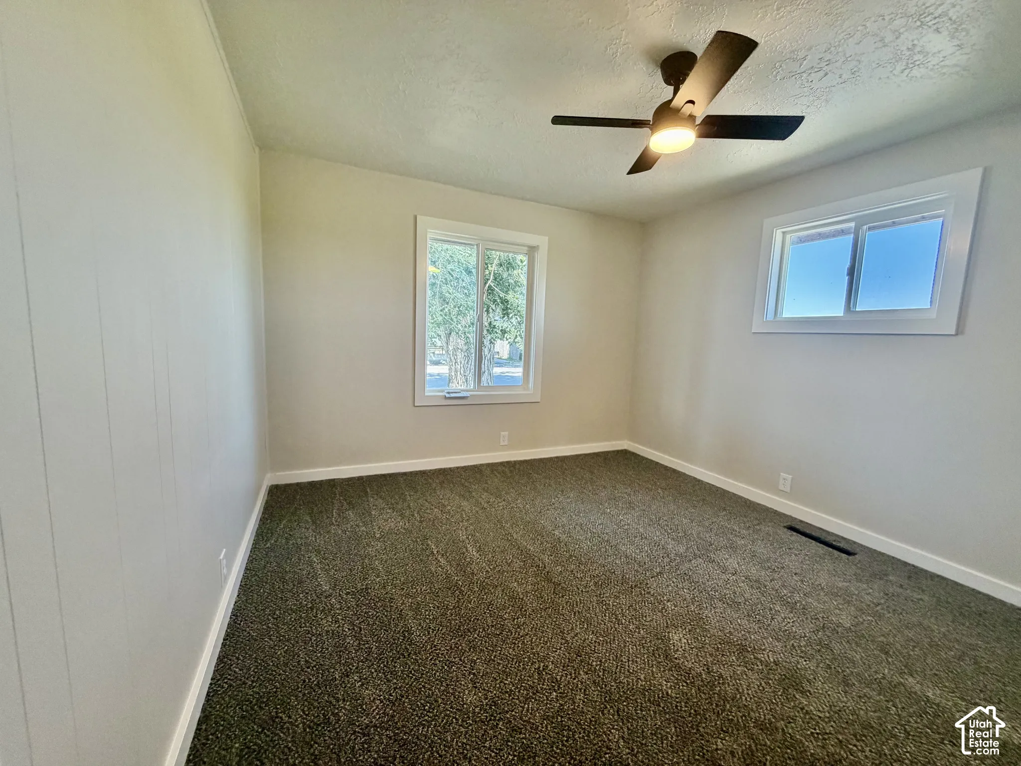 Textured carpeting, two windows with white trim, and a ceiling fan with integrated lighting