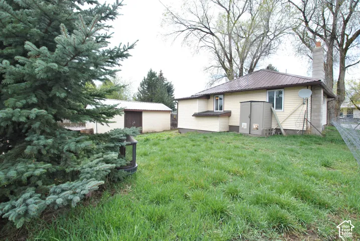 Spacious residential lot with mature landscaping including evergreen plantings and established deciduous trees