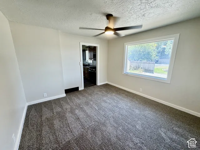 Spacious room featuring fresh neutral walls, new carpet flooring, ceiling fan with integrated lighting, and large window with natural light exposure