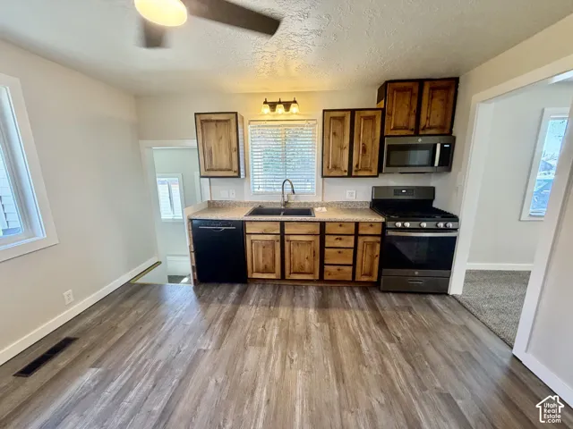 Kitchen featuring wood-finish flooring, wood cabinetry, stone-finish countertops, and a full suite of stainless steel appliances