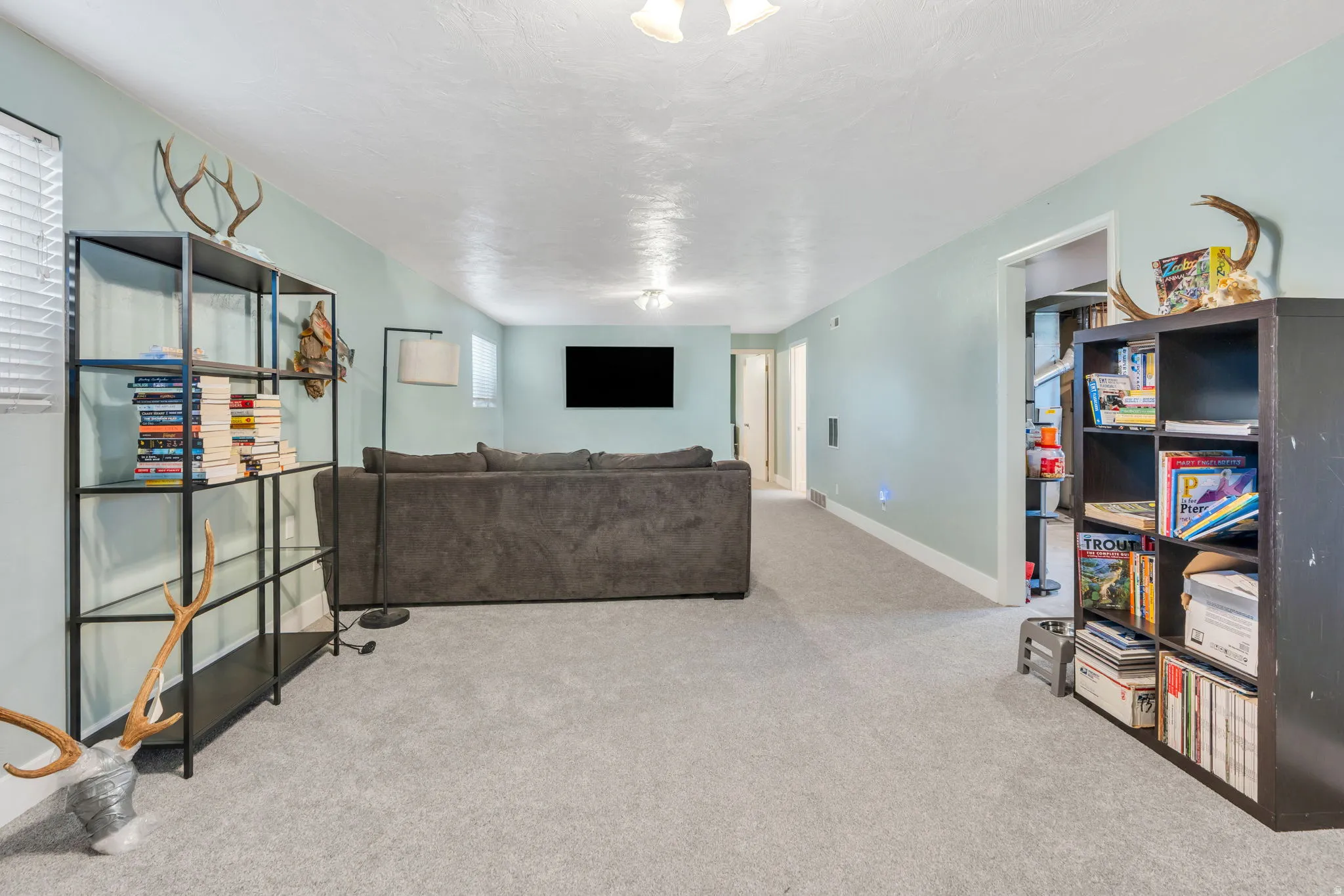 Spacious recreational room featuring neutral carpeting, recessed ceiling lighting, and abundant natural light from multiple windows