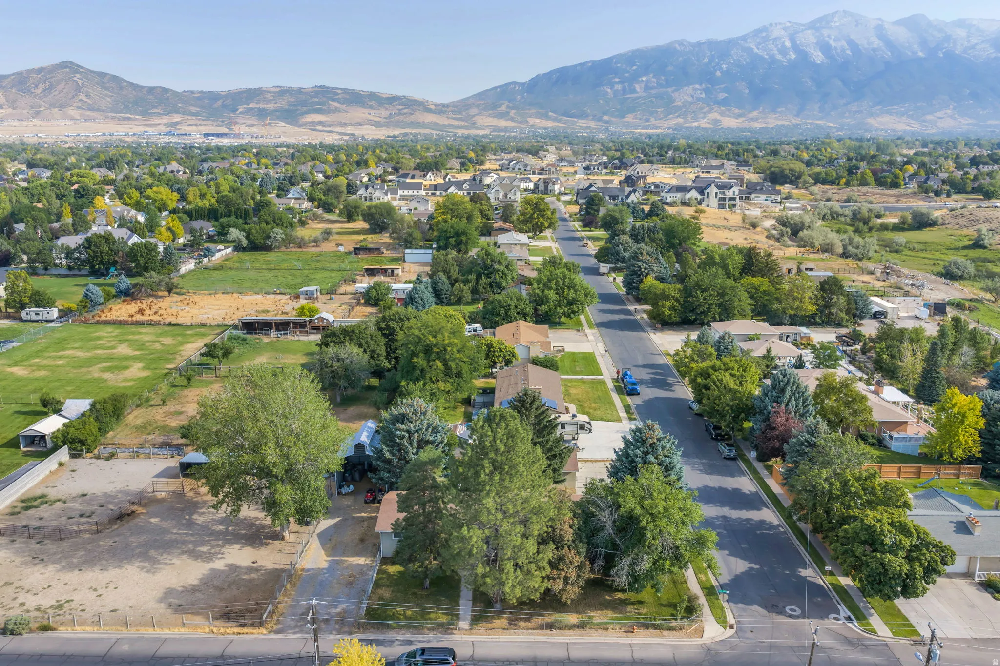 Aerial view showcasing this established residential community with mature tree-lined streets, manicured lawns, and substantial lot sizes
