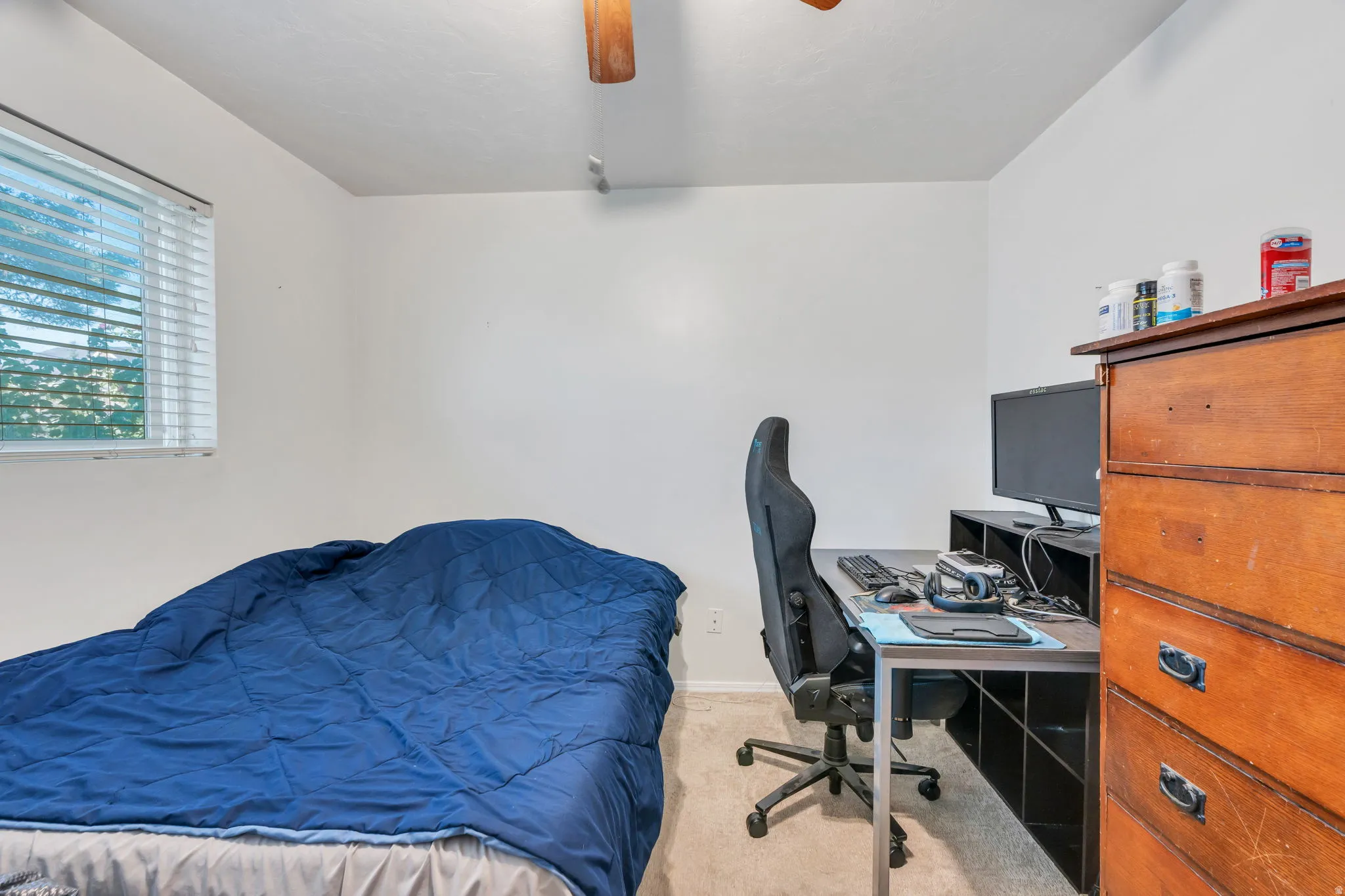 Versatile bedroom featuring soft-pile carpeting, a large window with blinds, wood-finish dresser with multiple drawers, and a dedicated workspace with desk and ergonomic chair