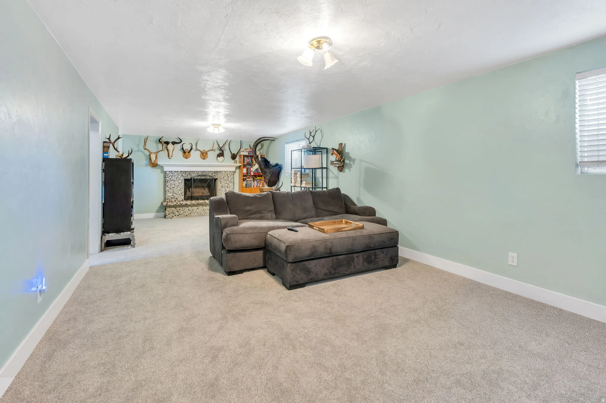 Spacious recreation room featuring neutral carpet flooring, soft mint-toned accent walls, and recessed ceiling lighting