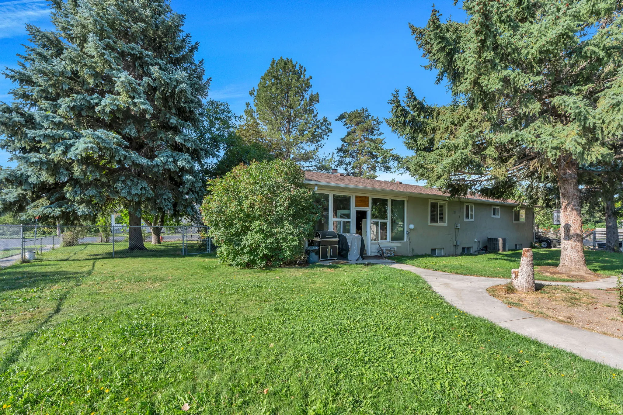 Expansive lawn with mature trees and a fenced perimeter