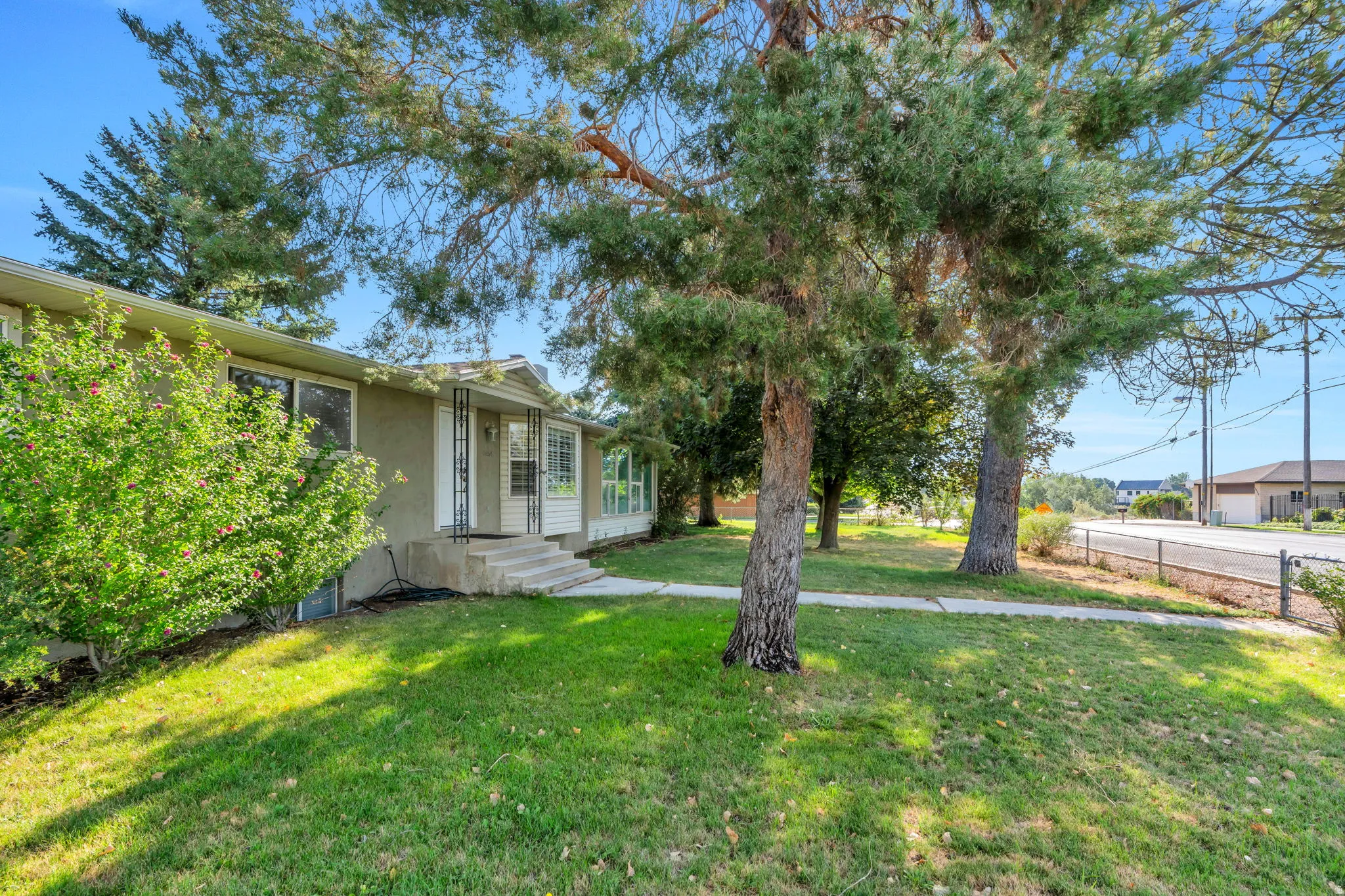 Stucco exterior with a covered porch, concrete steps, mature trees, and a manicured lawn