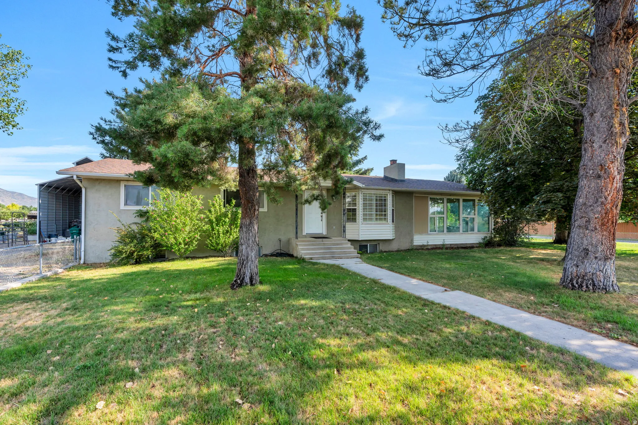 Charming single-story residence featuring a mature tree-lined front yard with expansive lawn, concrete walkway, and established landscaping