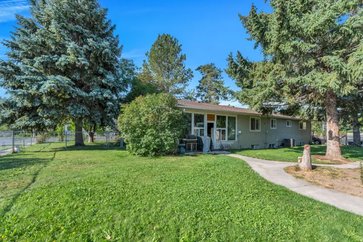 Expansive lawn with mature trees and a fenced perimeter