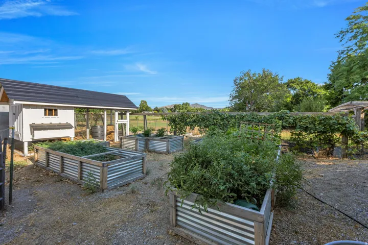Productive garden space featuring multiple raised metal planter beds with direct access to a garden shed, mature landscape plantings, and open grounds ideal for cultivating vegetables and herbs