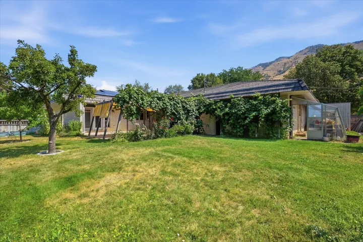 Expansive manicured lawn with mature shade trees and mountain backdrop, featuring a modern single-story residence with horizontal solar panels, stone and wood-finish exterior cladding, and ivy-covered pergola structure providing shaded outdoor living spac