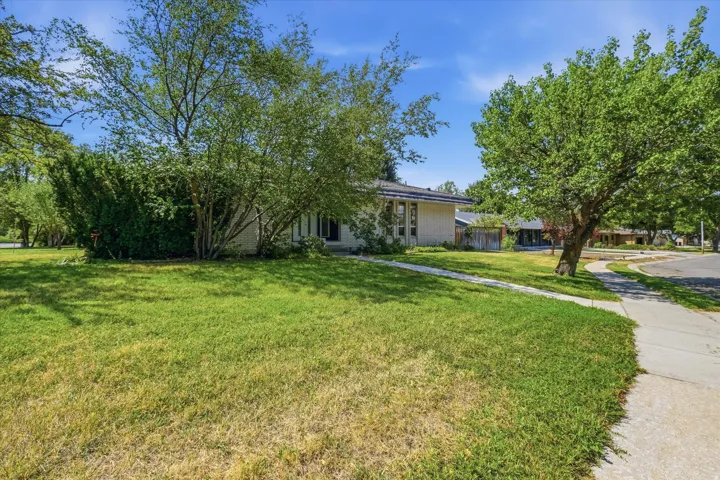 Expansive front lawn with mature shade trees and established landscaping, complemented by a single-story residence set back from the street