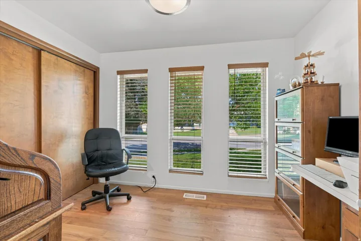 Wood-finish flooring, three vertical windows with blinds, white walls, and a ceiling-mounted light fixture