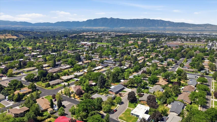 Aerial view of an established residential neighborhood featuring tree-lined streets, single-family homes with varied architectural styles, manicured lawns, and mature landscaping throughout