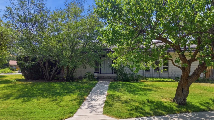 White brick exterior with a dark roofline, front walkway, and mature trees in the yard