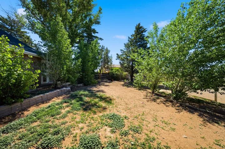 Expansive outdoor space featuring mature trees, a retaining wall, and a side-gabled roofline