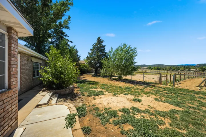 Expansive backyard with mature shade trees, established wooden fencing, and natural landscaping overlooking rolling terrain