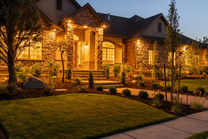Elegant stone and stucco exterior illuminated by professional landscape lighting, showcasing multiple large windows with dark trim and gabled rooflines