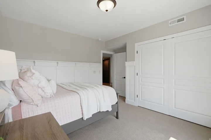 Tray ceiling, wall paneling, light-colored carpeting, white paneled closet doors, and a ceiling-mounted light fixture